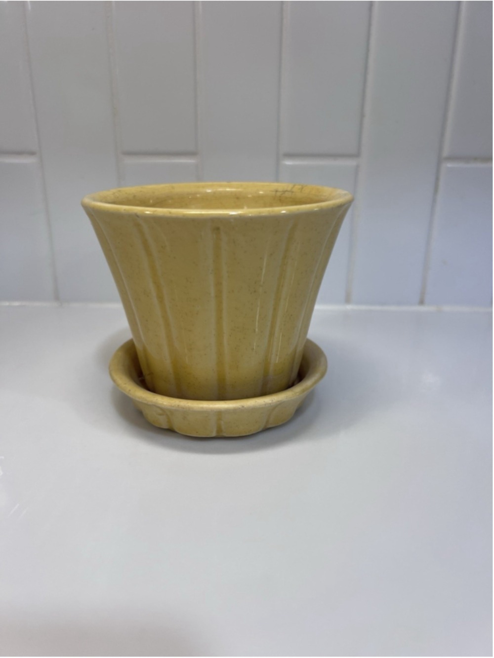 Vintage McCoy Pottery Tulip Yellow Planter Flower Pot With Attached Saucer